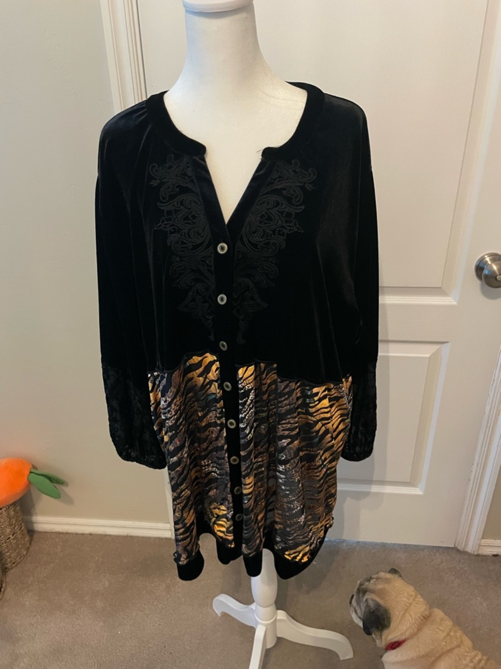 Black Velvet Tunic with Gold & Brown Animal-Print Hem
